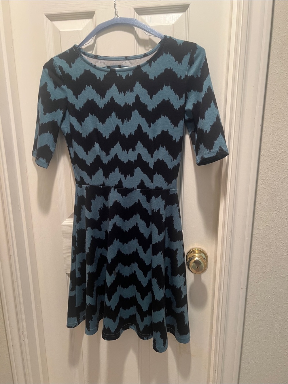 Blue and Black Zigzag Fit & Flare Casual Dress